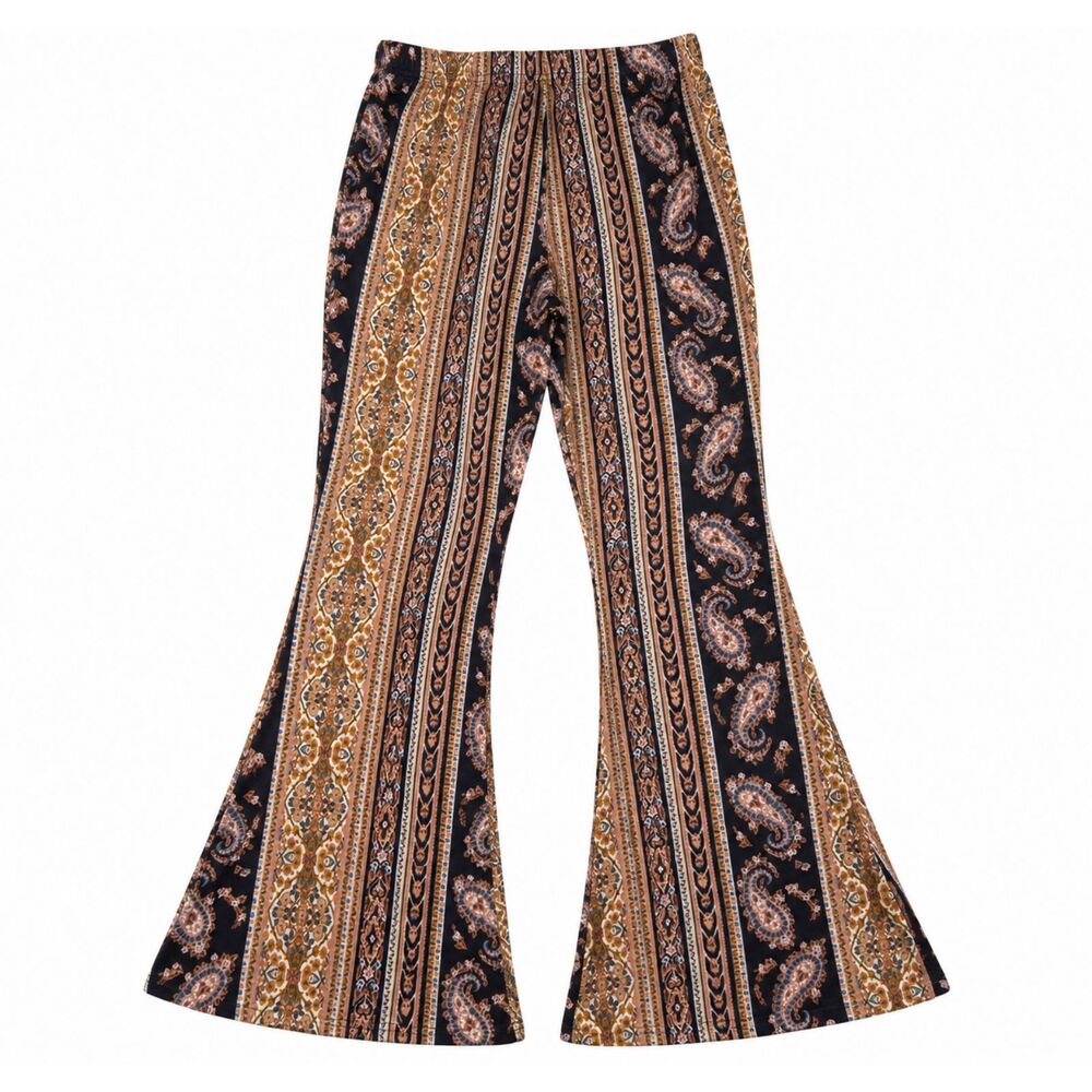 Mind Code Womens Small Boho Paisley Flare Pants Black Brown High Waist Pull On
